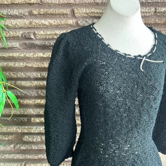 Vintage Black Boucle Handknit Dress Rhinestone Ribbon Detail - Picture 7 of 10